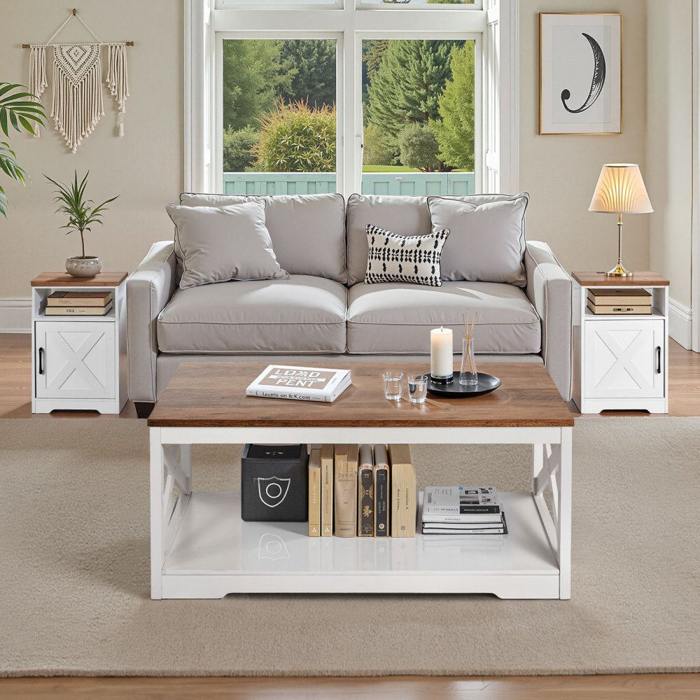 VEVOR 3 Pieces Farmhouse Coffee Table Sets, 40 in Industrial Coffee Table with 2 End Side Tables, Easy Assembly Coffee and End Tables Sets with Charging Station, for Office, Living Room & Apartment
