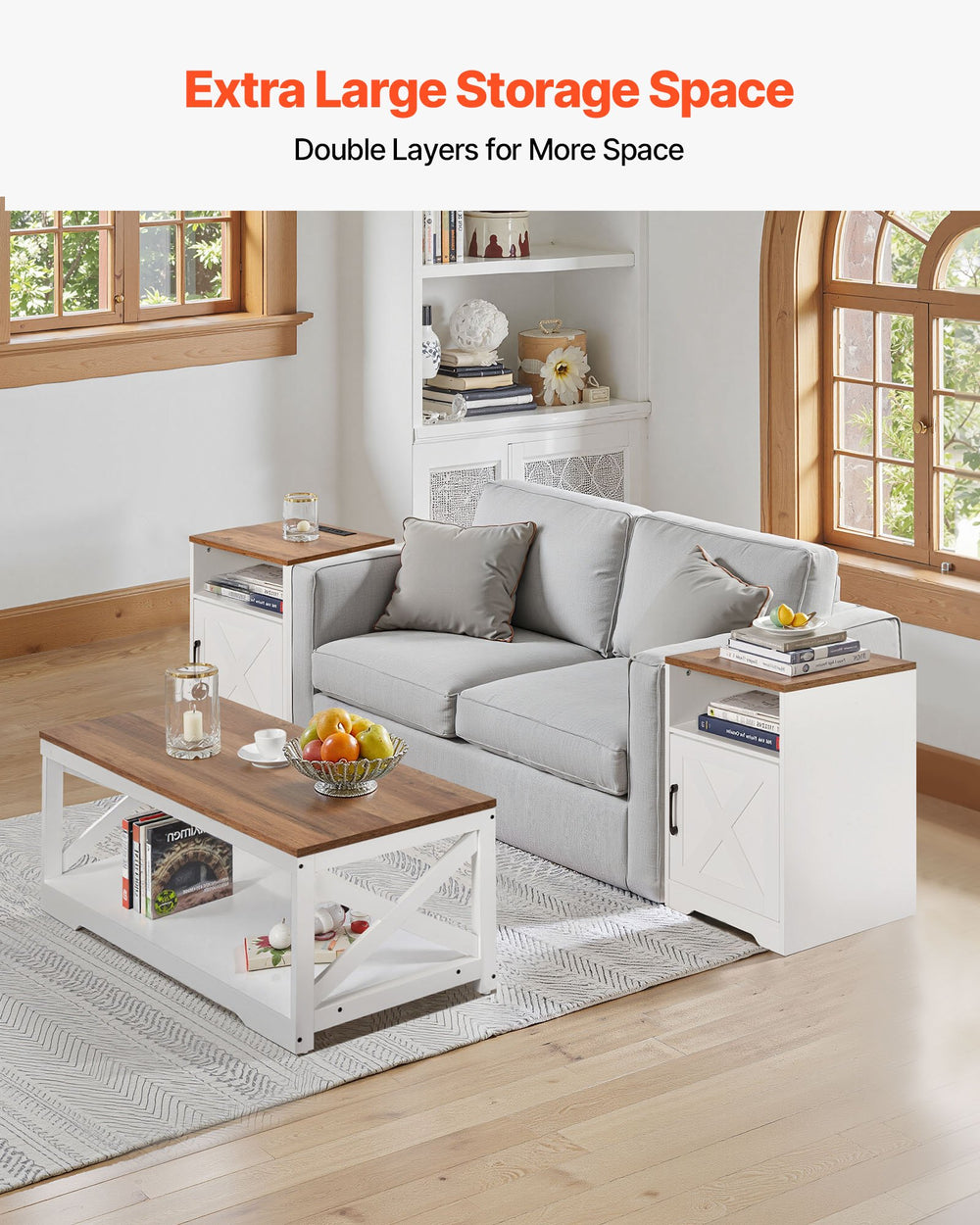 VEVOR 3 Pieces Farmhouse Coffee Table Sets, 40 in Industrial Coffee Table with 2 End Side Tables, Easy Assembly Coffee and End Tables Sets with Charging Station, for Office, Living Room & Apartment