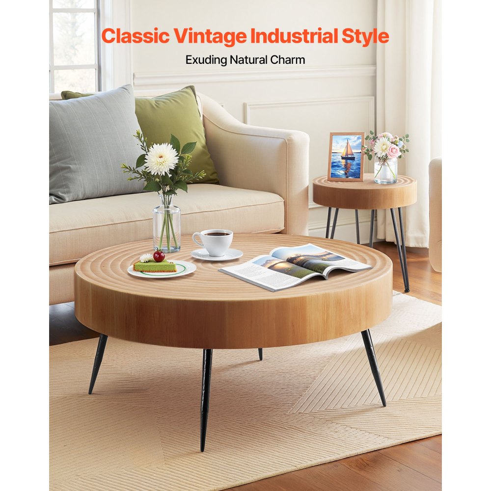 VEVOR 2 Pieces Round Coffee Tables Sets, 31.3 in Industrial Living Room Table with 1 End Side Table, Easy Assembly Coffee and End Tables Sets with Metal Legs, for Office, Living Room and Apartment