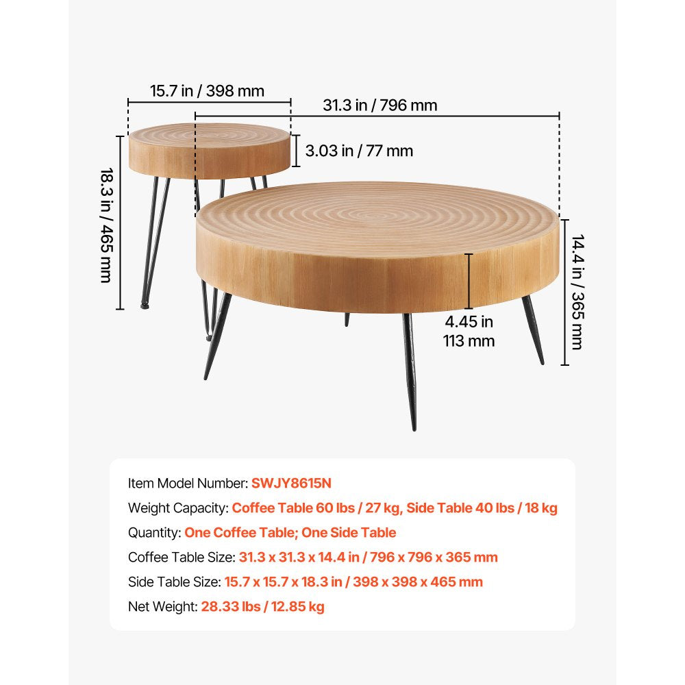 VEVOR 2 Pieces Round Coffee Tables Sets, 31.3 in Industrial Living Room Table with 1 End Side Table, Easy Assembly Coffee and End Tables Sets with Metal Legs, for Office, Living Room and Apartment