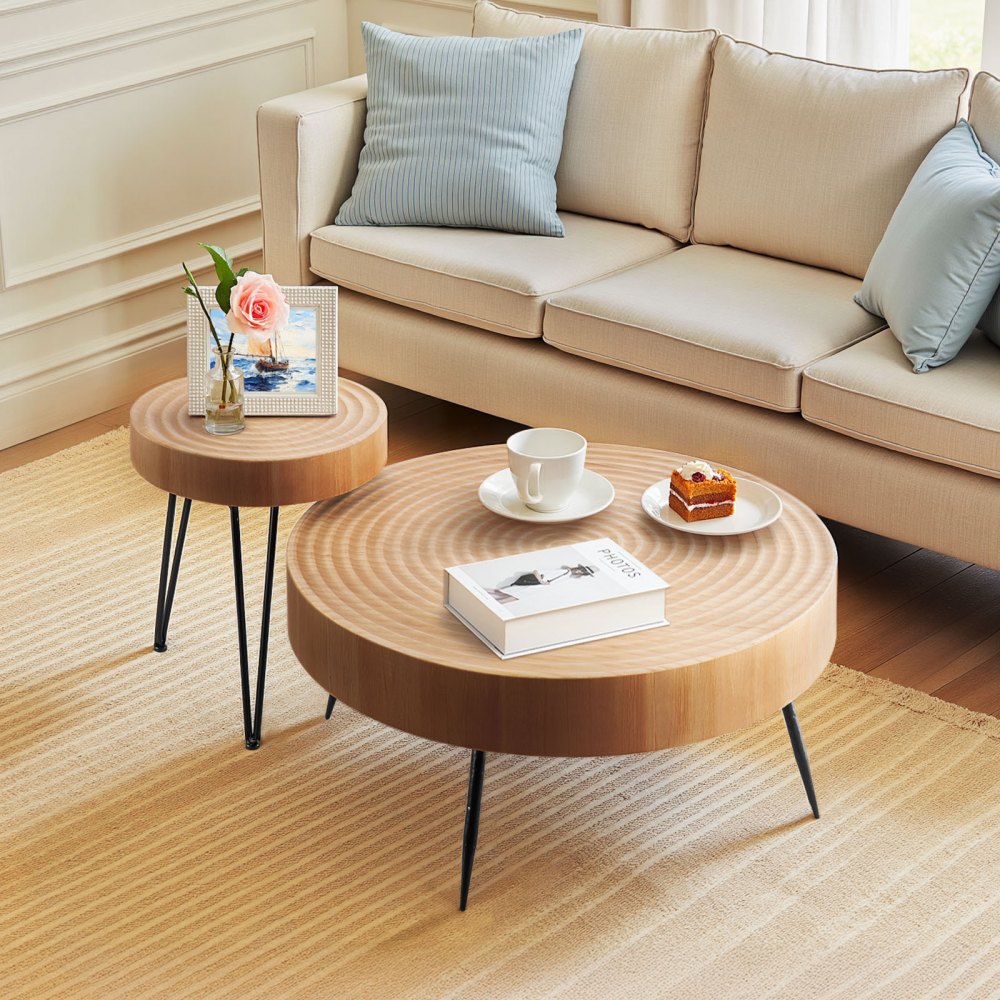 VEVOR 2 Pieces Round Coffee Tables Sets, 31.3 in Industrial Living Room Table with 1 End Side Table, Easy Assembly Coffee and End Tables Sets with Metal Legs, for Office, Living Room and Apartment