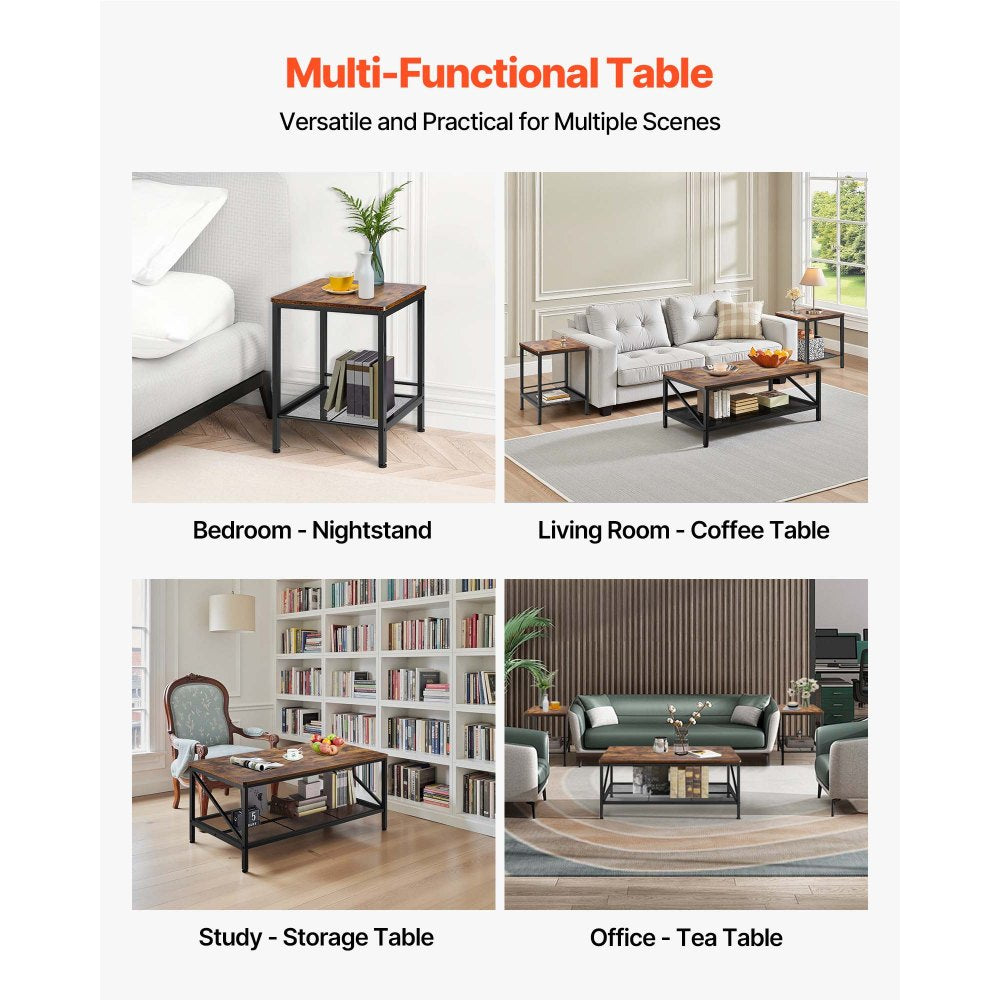 VEVOR 3 Pieces Living Room Table Sets, 41.3 in Industrial Coffee Table with 2 Square End Side Tables, Easy Assembly Coffee and End Tables Sets with Metal Legs, for Office, Living Room & Apartment