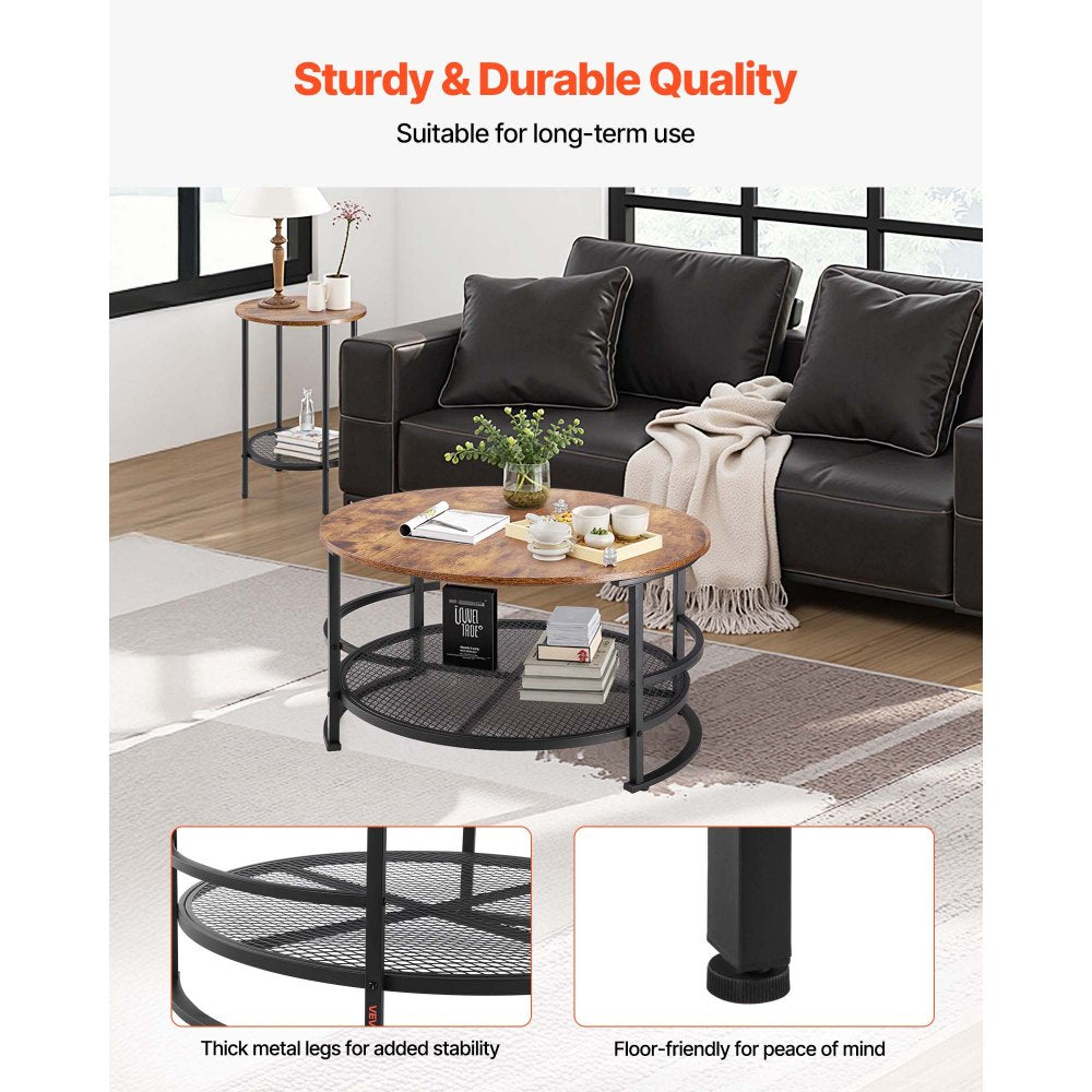 VEVOR 3 Pieces Round Coffee Table Sets, 31.5 in Industrial Living Room Table with 2 End Side Tables, Easy Assembly Coffee and End Tables Sets with Metal Legs, for Office, Living Room and Apartment