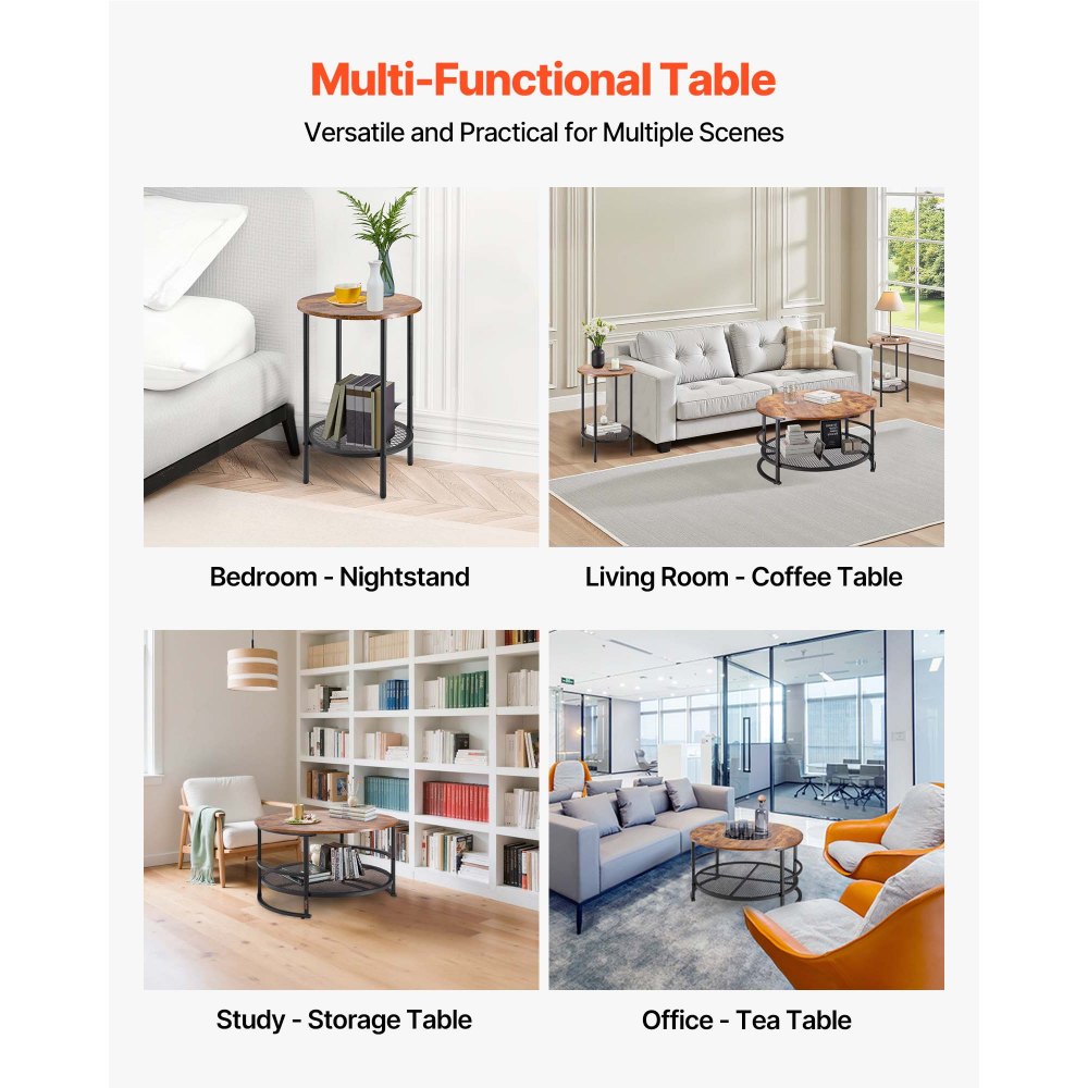 VEVOR 3 Pieces Round Coffee Table Sets, 31.5 in Industrial Living Room Table with 2 End Side Tables, Easy Assembly Coffee and End Tables Sets with Metal Legs, for Office, Living Room and Apartment
