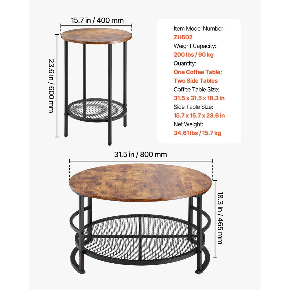 VEVOR 3 Pieces Round Coffee Table Sets, 31.5 in Industrial Living Room Table with 2 End Side Tables, Easy Assembly Coffee and End Tables Sets with Metal Legs, for Office, Living Room and Apartment