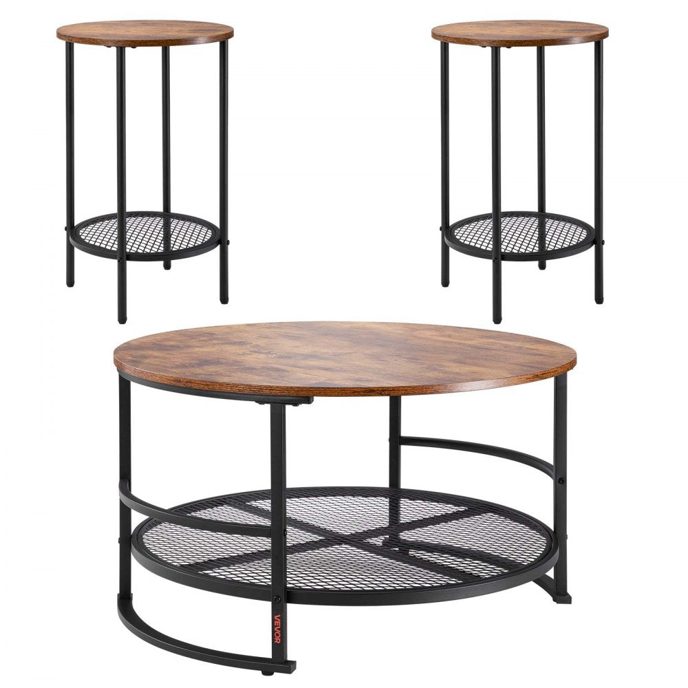 VEVOR 3 Pieces Round Coffee Table Sets, 31.5 in Industrial Living Room Table with 2 End Side Tables, Easy Assembly Coffee and End Tables Sets with Metal Legs, for Office, Living Room and Apartment