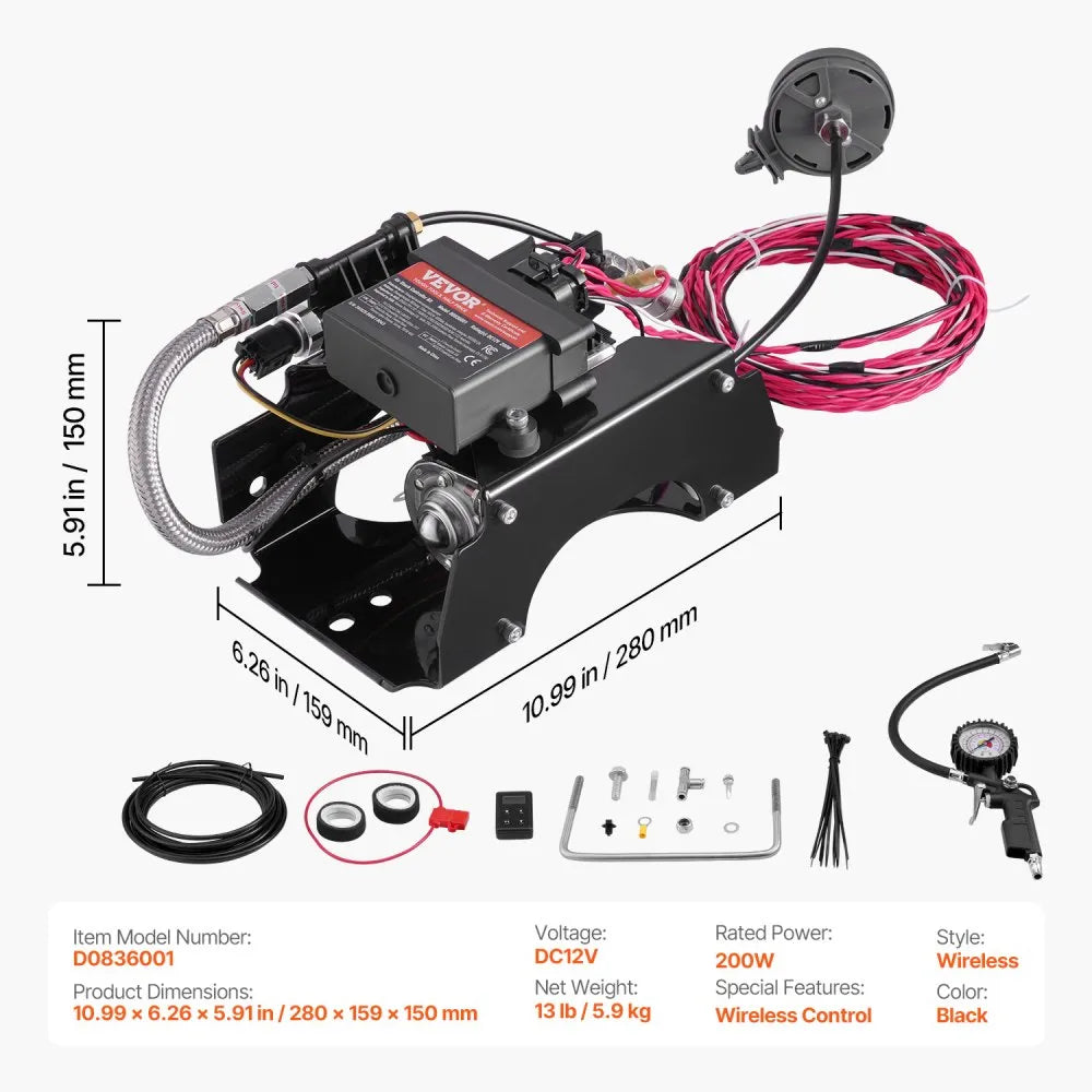 VEVOR Air Shock Controller Kit dimensions and kit contents image