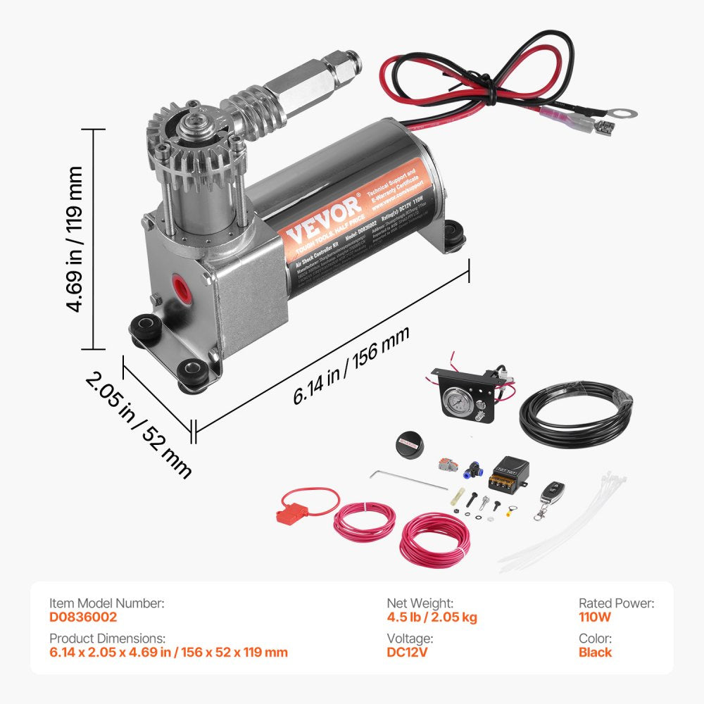 VEVOR Air Shock Controller Kit, 12V 100PSI On Board Air Compressor System, Air Ride Suspension Compressor Kit with Single Path System, Pressure Gauge & Air Line for Trucks Vans