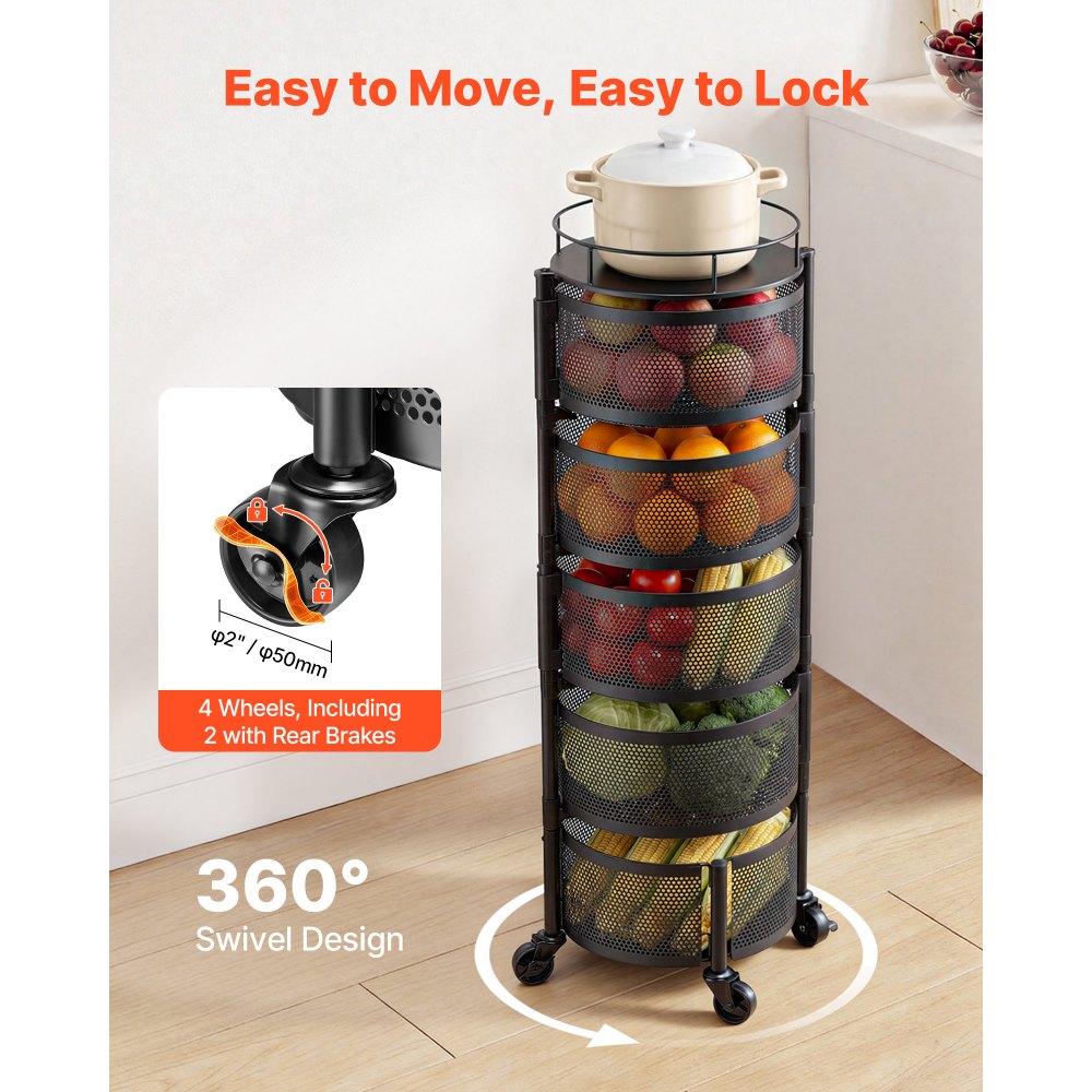 VEVOR Rotating Storage Rack Cart, 5 Tier Fruit and Vegetable Basket Bowls, Heavy Duty Wire Basket Organizer on Wheels, Large Capacity Stand with Metal Top Lid, for Kitchen Bathroom Nursery, Black