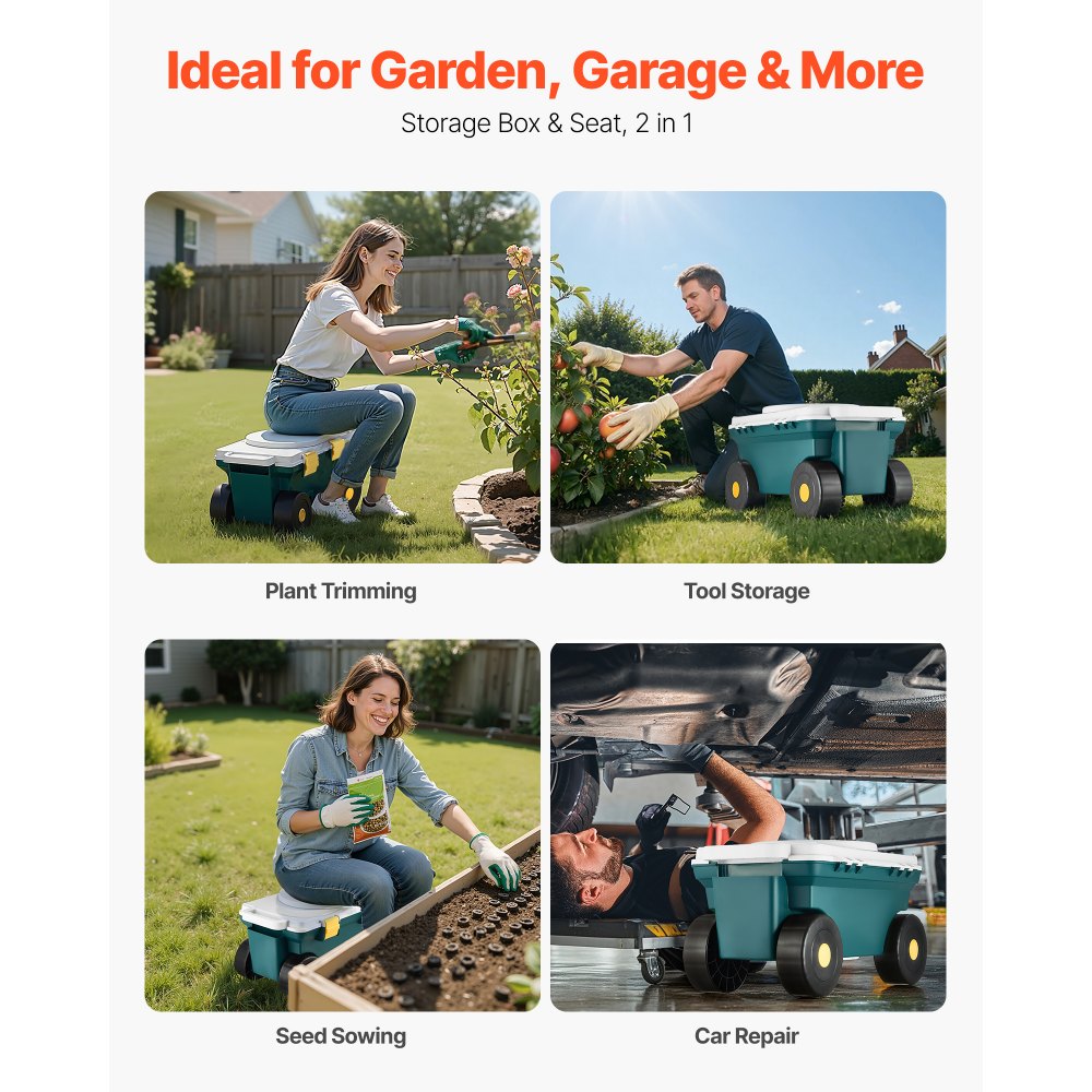 VEVOR Garden Scooter with Seat, 2 in 1 Rolling Garden Cart with Storage Bin, Supports up to 227 lbs, Outdoor Wagon with Handle, Lightweight Storage Gardening Stool for Yard Weeding Planting