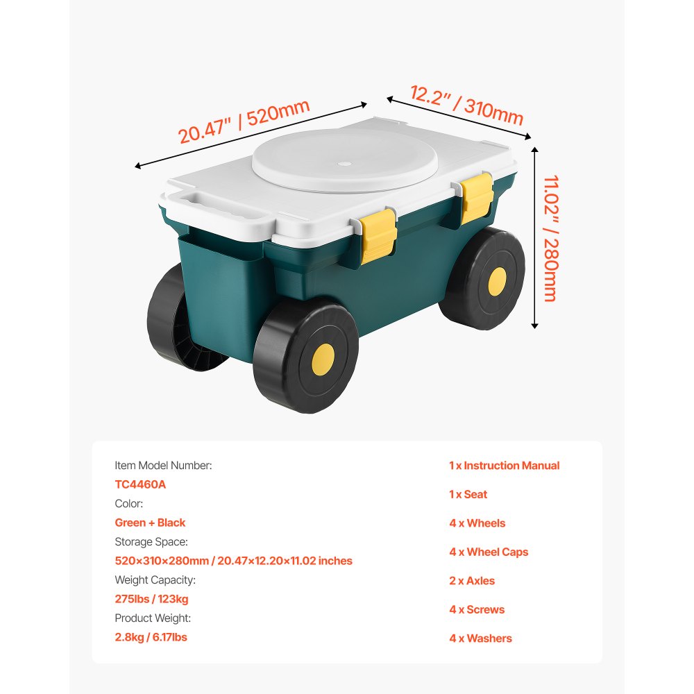 VEVOR Garden Scooter with Seat, 2 in 1 Rolling Garden Cart with Storage Bin, Supports up to 227 lbs, Outdoor Wagon with Handle, Lightweight Storage Gardening Stool for Yard Weeding Planting