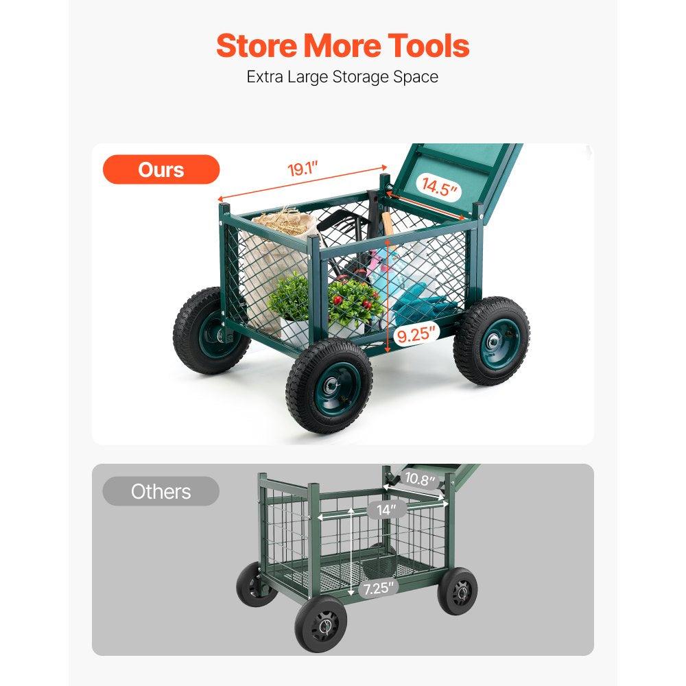 VEVOR Rolling Garden Cart with Seat, Metal Rolling Garden Work Seat with Wheels, Supports up to 400 LBS, Heavy Duty Gardening Cart Scooter, Outdoor Wagon & Stool on Wheels for Lawn, Patio, Backyard