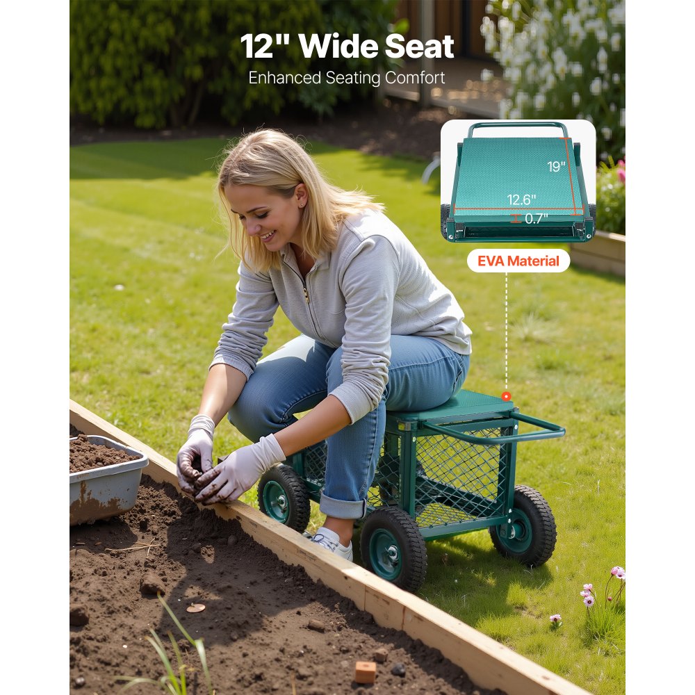 VEVOR Rolling Garden Cart with Seat, Metal Rolling Garden Work Seat with Wheels, Supports up to 400 LBS, Heavy Duty Gardening Cart Scooter, Outdoor Wagon & Stool on Wheels for Lawn, Patio, Backyard