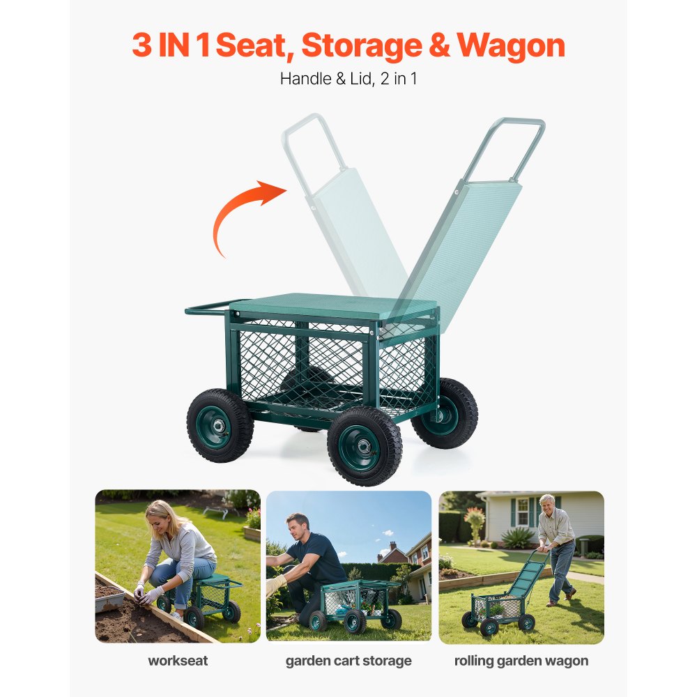 VEVOR Rolling Garden Cart with Seat, Metal Rolling Garden Work Seat with Wheels, Supports up to 400 LBS, Heavy Duty Gardening Cart Scooter, Outdoor Wagon & Stool on Wheels for Lawn, Patio, Backyard