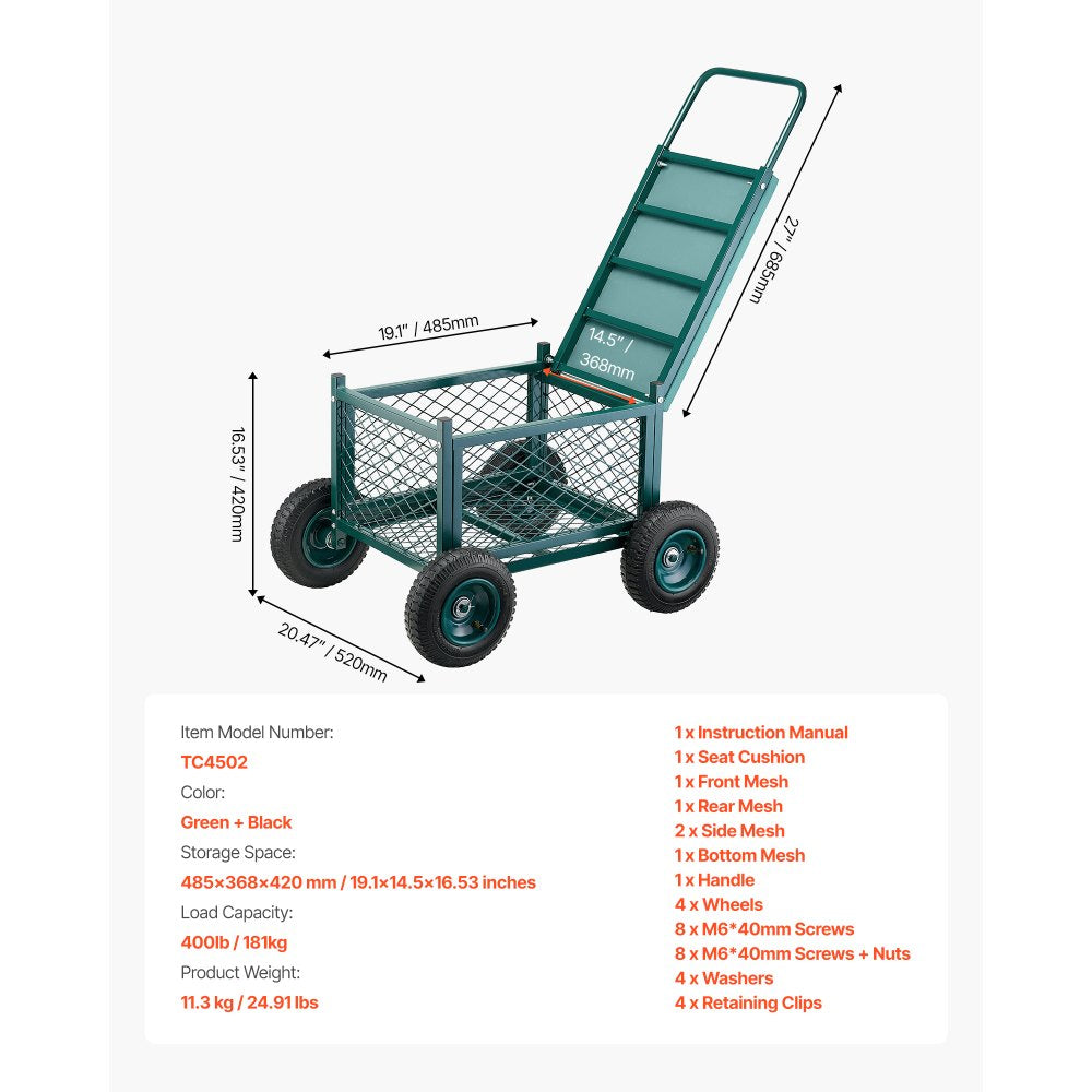 VEVOR Rolling Garden Cart with Seat, Metal Rolling Garden Work Seat with Wheels, Supports up to 400 LBS, Heavy Duty Gardening Cart Scooter, Outdoor Wagon & Stool on Wheels for Lawn, Patio, Backyard