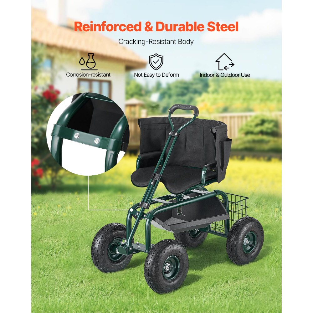 VEVOR Garden Seat with Wheels, Rolling Garden Stool with Height Adjustable & 360° Swivel Seat, 400lbs Weight Capacity, Gardening Cart Bench, Ergonomic Backrest & Tool Storage, for Garden, Yard, Patio