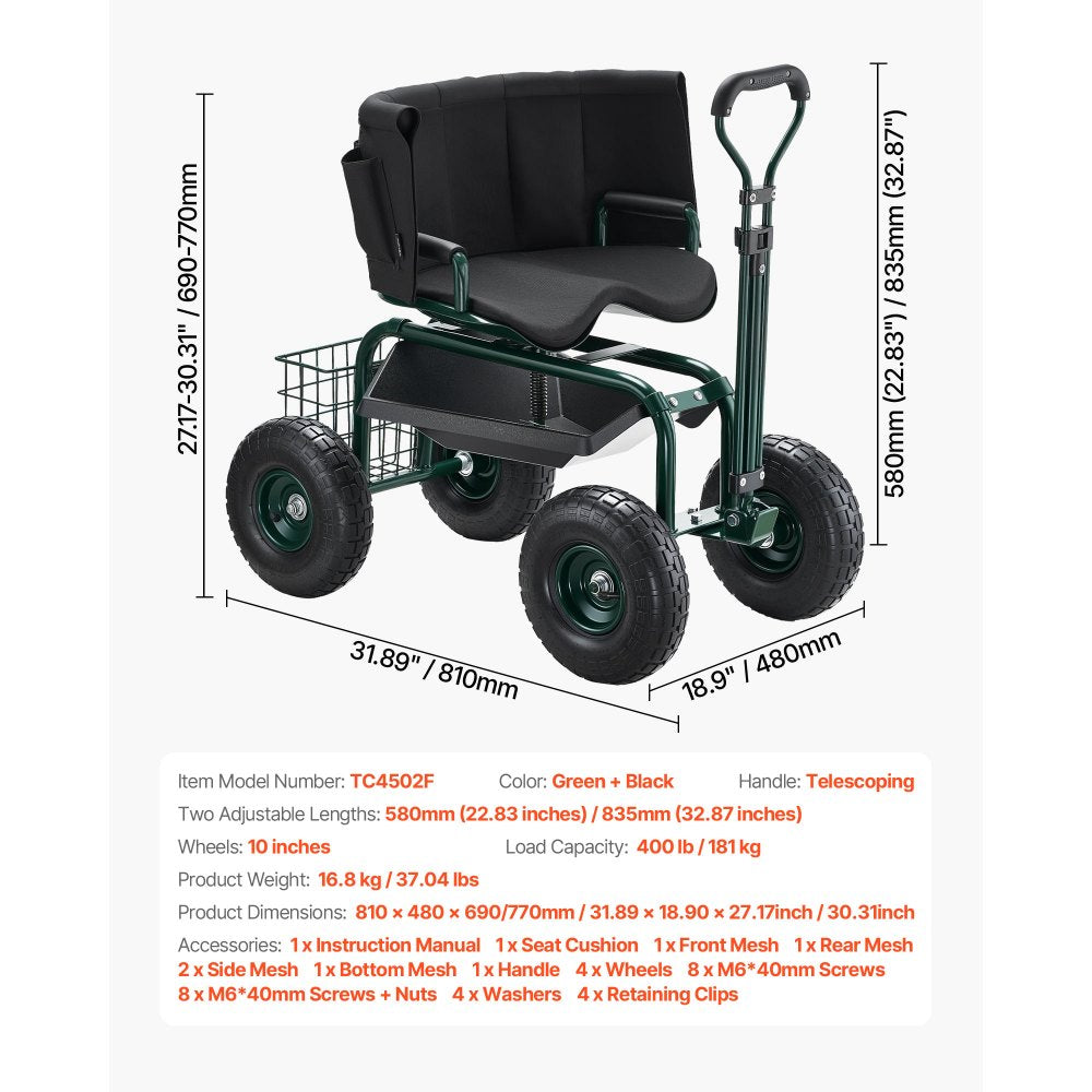 VEVOR Garden Seat with Wheels, Rolling Garden Stool with Height Adjustable & 360° Swivel Seat, 400lbs Weight Capacity, Gardening Cart Bench, Ergonomic Backrest & Tool Storage, for Garden, Yard, Patio