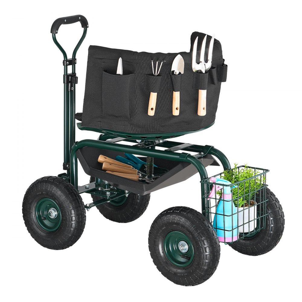 VEVOR Garden Seat with Wheels, Rolling Garden Stool with Height Adjustable & 360° Swivel Seat, 400lbs Weight Capacity, Gardening Cart Bench, Ergonomic Backrest & Tool Storage, for Garden, Yard, Patio