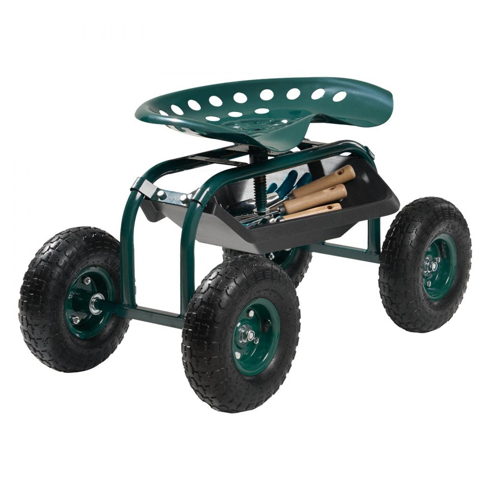 VEVOR  Rolling Garden Cart with Swivel Seat, Heavy Duty Garden Seat with Storage Basket & Tool Tray, 300 lbs Weight Capacity, Outdoor Utility Gardening Stool Scooter for Lawn Yard Planting Weeding