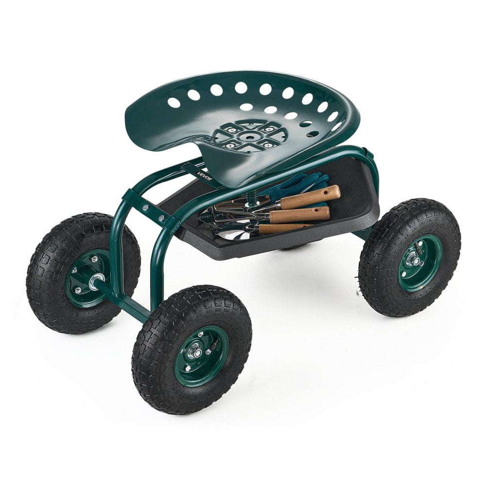 VEVOR  Rolling Garden Cart with Swivel Seat, Heavy Duty Garden Seat with Storage Basket & Tool Tray, 300 lbs Weight Capacity, Outdoor Utility Gardening Stool Scooter for Lawn Yard Planting Weeding