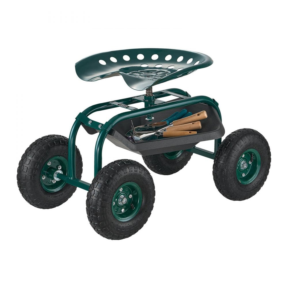 VEVOR  Rolling Garden Cart with Swivel Seat, Heavy Duty Garden Seat with Storage Basket & Tool Tray, 300 lbs Weight Capacity, Outdoor Utility Gardening Stool Scooter for Lawn Yard Planting Weeding