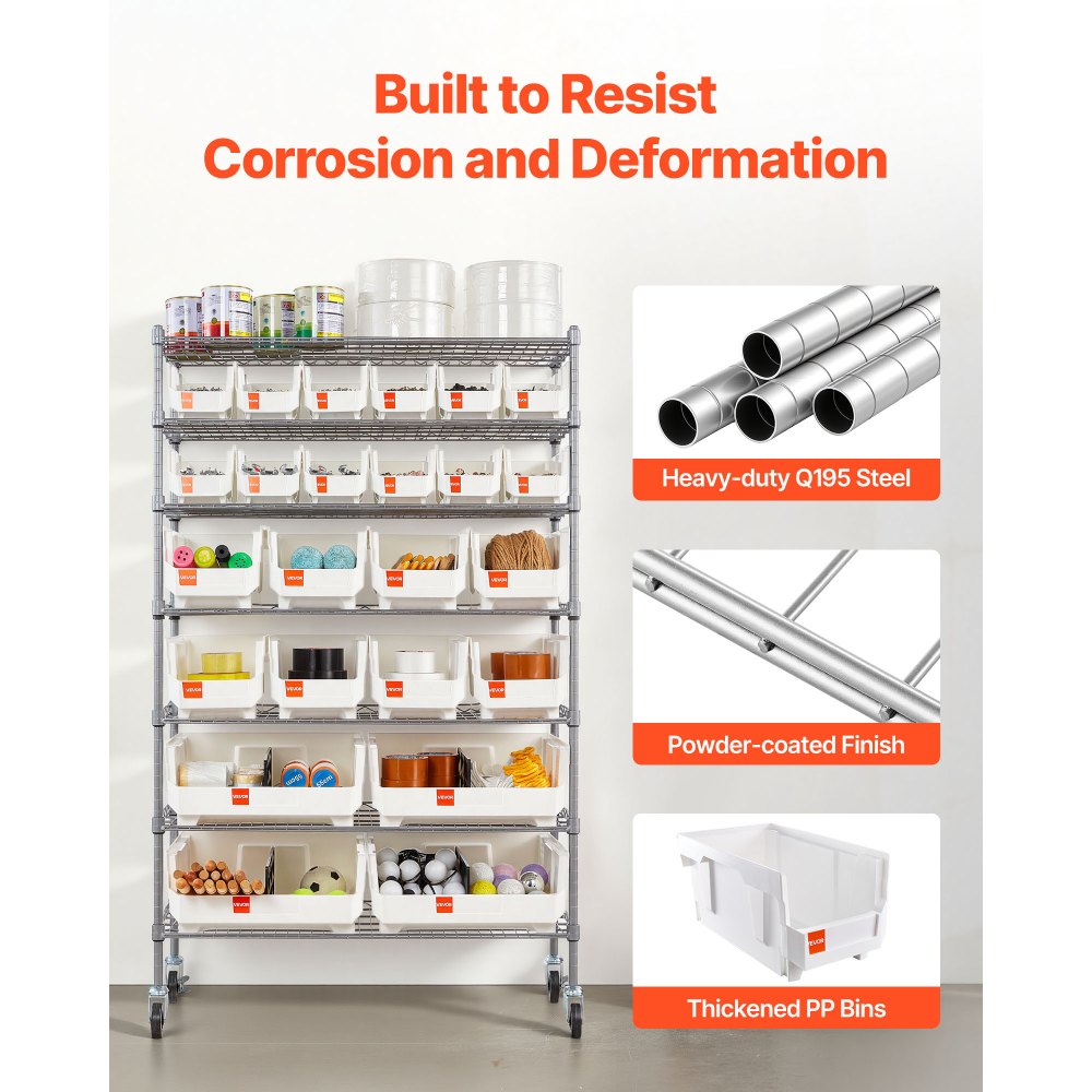 VEVOR 7-Tier Rolling Bin Storage Rack, 24 Organizer Bins, Bin Rack Storage Steel Wire Shelving System with Wheels, Mobile Tool Organizer for Garage, Warehouse, Office, Restaurant, Classroom, Kitchen