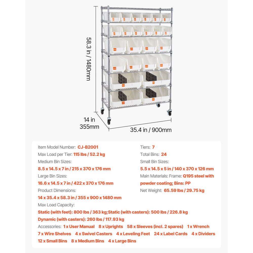VEVOR 7-Tier Rolling Bin Storage Rack, 24 Organizer Bins, Bin Rack Storage Steel Wire Shelving System with Wheels, Mobile Tool Organizer for Garage, Warehouse, Office, Restaurant, Classroom, Kitchen