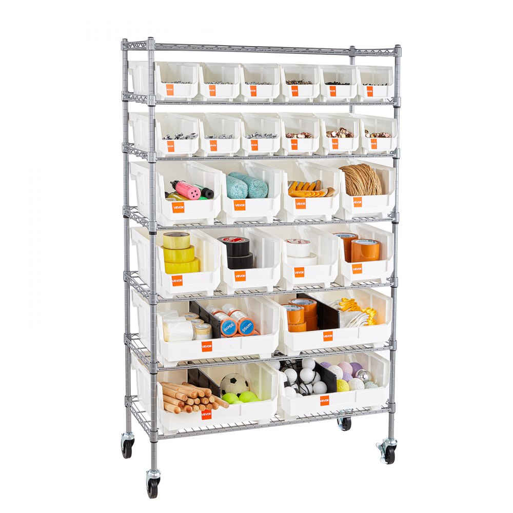 VEVOR 7-Tier Rolling Bin Storage Rack, 24 Organizer Bins, Bin Rack Storage Steel Wire Shelving System with Wheels, Mobile Tool Organizer for Garage, Warehouse, Office, Restaurant, Classroom, Kitchen