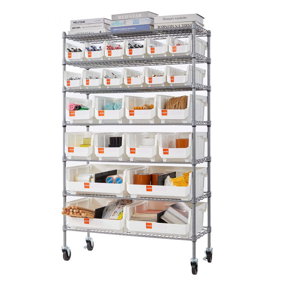 VEVOR 7-Tier Rolling Bin Storage Rack, 24 Organizer Bins, Bin Rack Storage Steel Wire Shelving System with Wheels, Mobile Tool Organizer for Garage, Warehouse, Office, Restaurant, Classroom, Kitchen