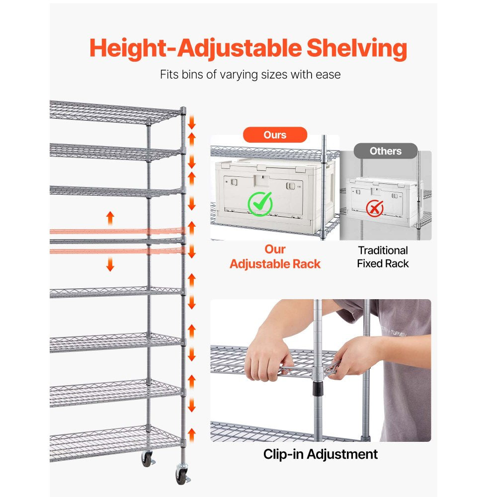 VEVOR 8-Tier Rolling Bin Storage Rack, 26 Organizer Bins, Bin Rack Storage Steel Wire Shelving System with Wheels, Mobile Tool Organizer for Garage, Warehouse, Office, Restaurant, Classroom, Kitchen