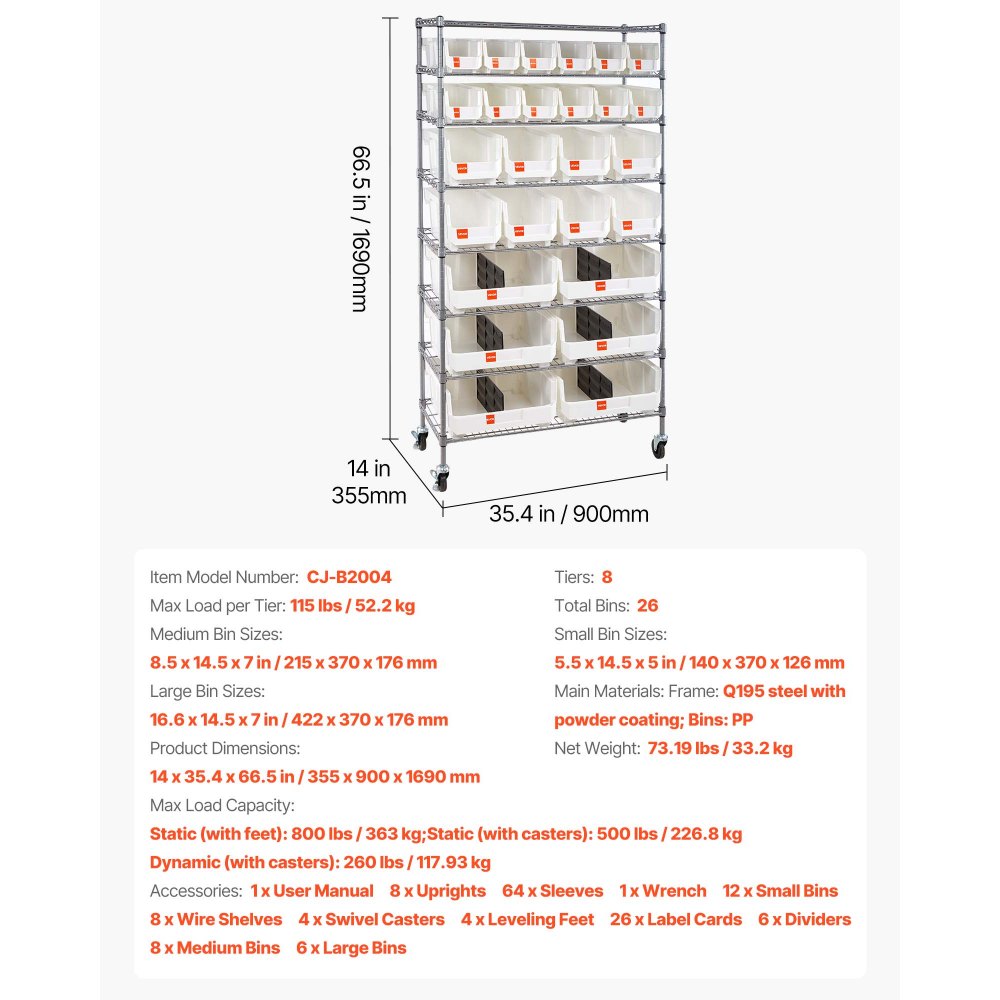 VEVOR 8-Tier Rolling Bin Storage Rack, 26 Organizer Bins, Bin Rack Storage Steel Wire Shelving System with Wheels, Mobile Tool Organizer for Garage, Warehouse, Office, Restaurant, Classroom, Kitchen