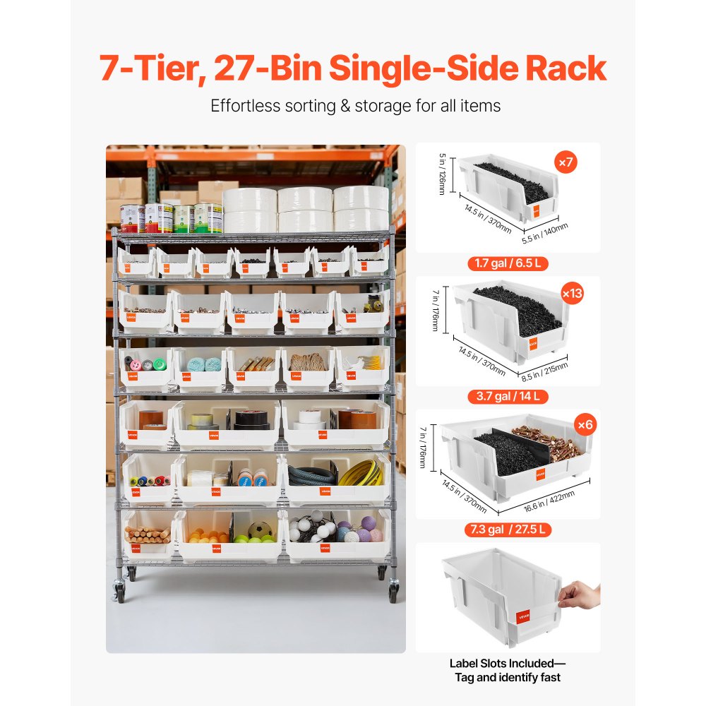VEVOR 7-Tier Rolling Bin Storage Rack, 26 Organizer Bins, Bin Rack Storage Steel Wire Shelving System with Wheels, Mobile Tool Organizer for Garage, Warehouse, Office, Restaurant, Classroom, Kitchen
