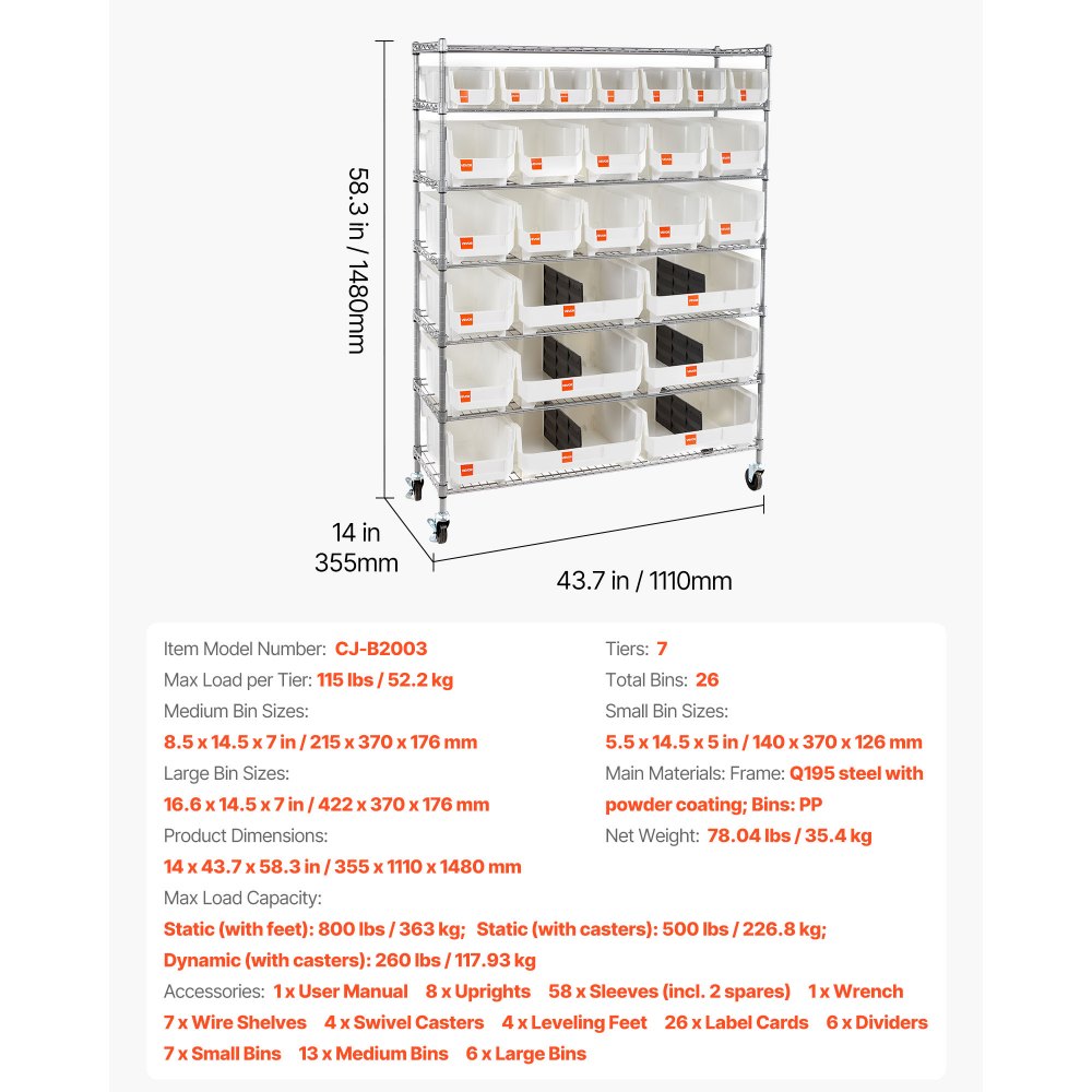 VEVOR 7-Tier Rolling Bin Storage Rack, 26 Organizer Bins, Bin Rack Storage Steel Wire Shelving System with Wheels, Mobile Tool Organizer for Garage, Warehouse, Office, Restaurant, Classroom, Kitchen