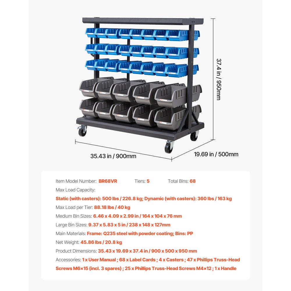 VEVOR 5-Tier Double-Sided Rolling Bin Storage Rack, 68 Organizer Bins, Dual-Sided Parts Organizer with Wheels, Mobile Tool Organizer Plastic Bins for Garage, Warehouse, Office, Restaurant, Classroom