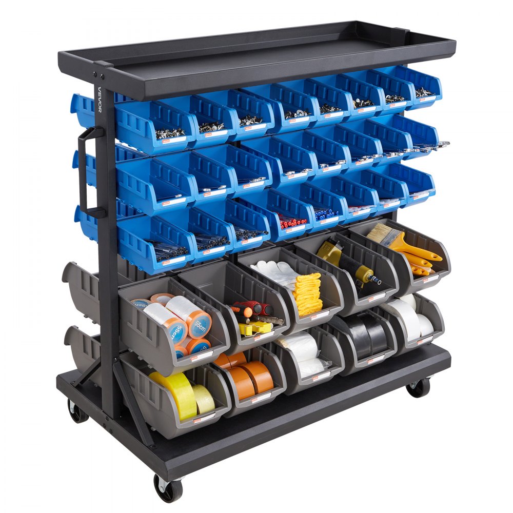VEVOR 5-Tier Double-Sided Rolling Bin Storage Rack, 68 Organizer Bins, Dual-Sided Parts Organizer with Wheels, Mobile Tool Organizer Plastic Bins for Garage, Warehouse, Office, Restaurant, Classroom