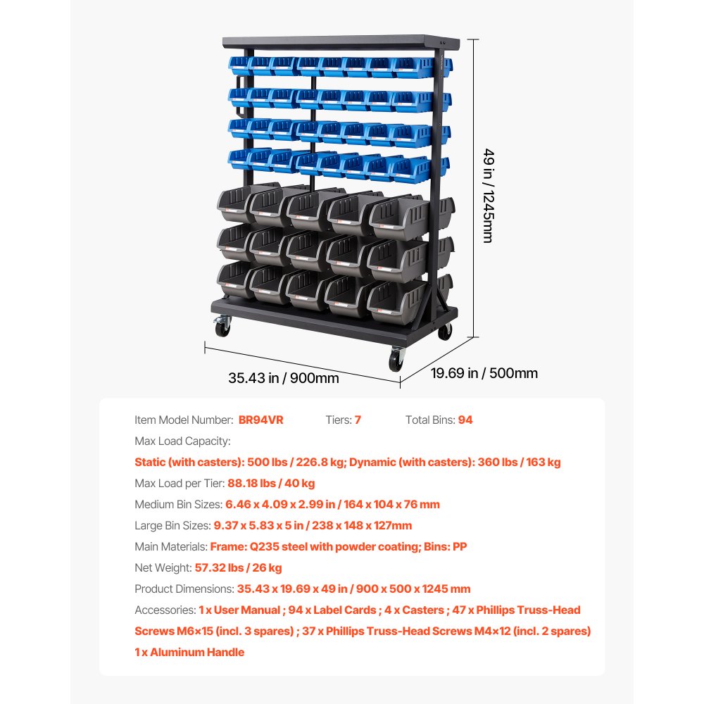 VEVOR 7-Tier Double-Sided Rolling Bin Storage Rack, 94 Plastic Bins, Dual-Sided Parts Organizer with Wheels, Mobile Tool Organizer for Garage, Warehouse, Office, Restaurant, Classroom, Kitchen