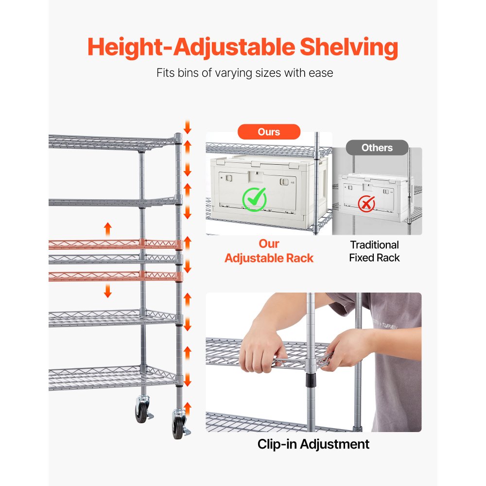 VEVOR 5-Tier Rolling Bin Storage Rack, 16 Organizer Bins, Bin Rack Storage Steel Wire Shelving System with Wheels, Mobile Tool Organizer for Garage, Warehouse, Office, Restaurant, Classroom, Kitchen