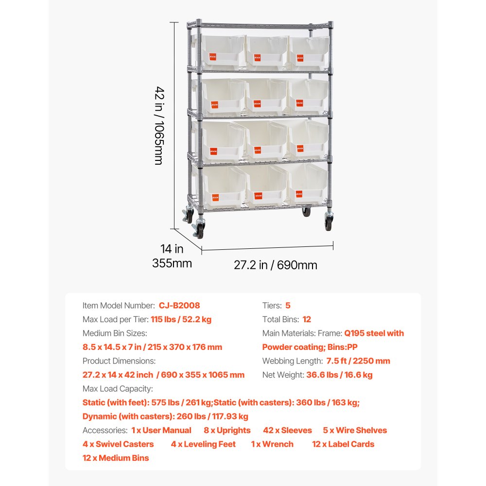 VEVOR 5-Tier Rolling Bin Storage Rack, 12 Organizer Bins, Bin Rack Storage Steel Wire Shelving System with Wheels, Mobile Tool Organizer for Garage, Warehouse, Office, Restaurant, Classroom, Kitchen