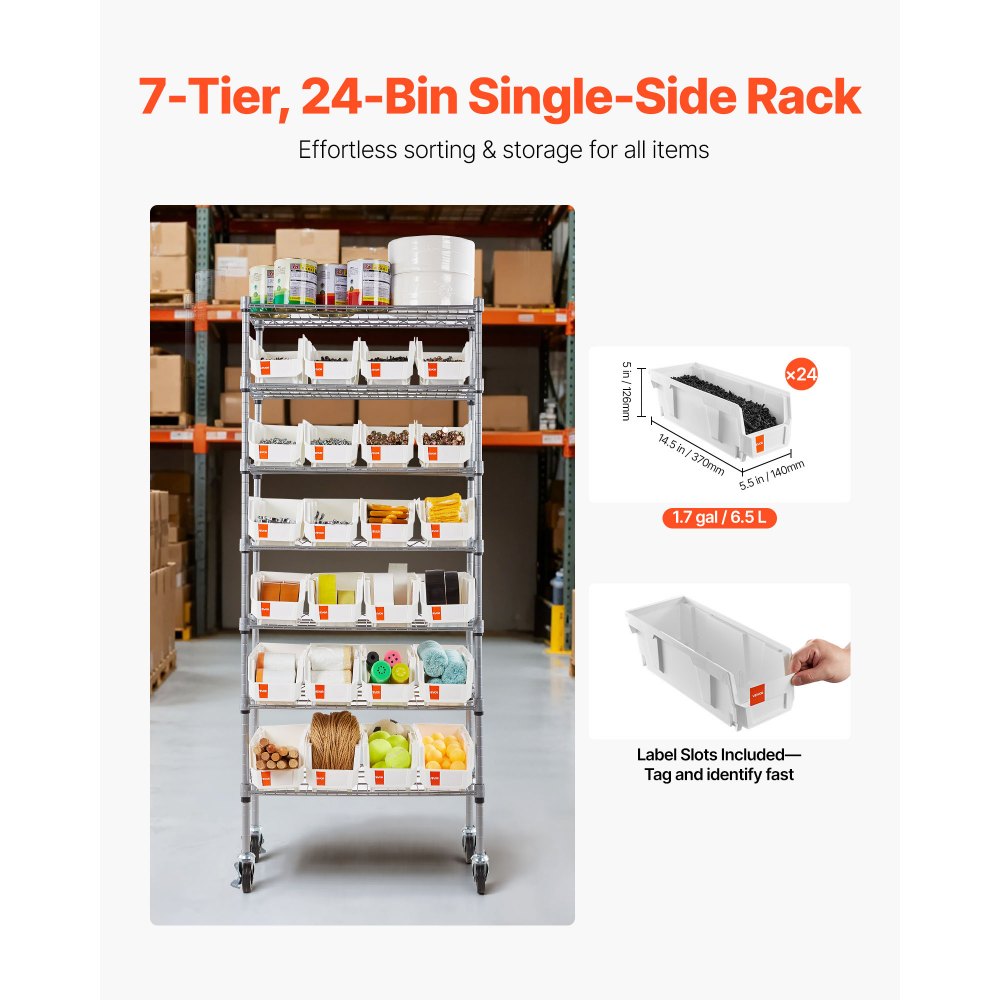 VEVOR 7-Tier Rolling Bin Storage Rack, 24 Small Bins, Bin Rack Storage Steel Wire Shelving System with Wheels, Mobile Tool Organizer for Garage, Warehouse, Office, Restaurant, Classroom, Kitchen