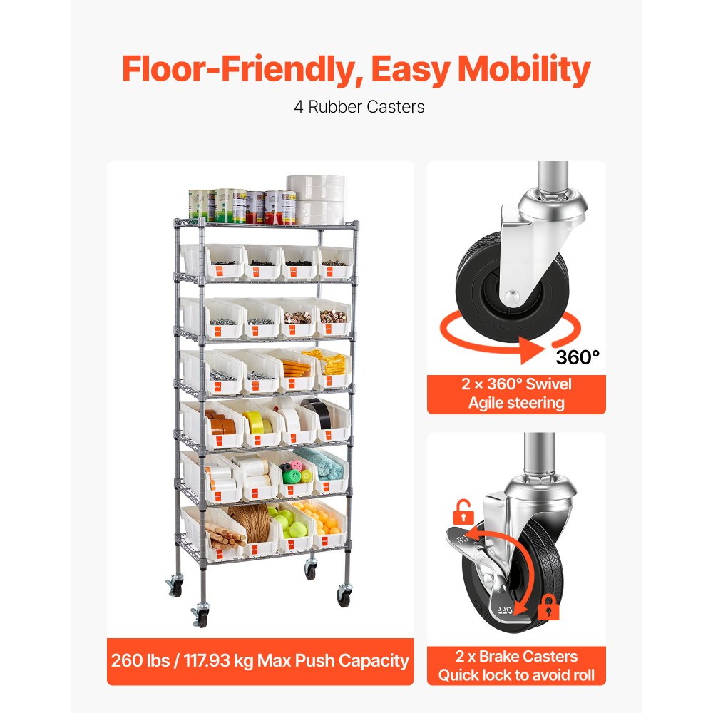 VEVOR 7-Tier Rolling Bin Storage Rack, 24 Small Bins, Bin Rack Storage Steel Wire Shelving System with Wheels, Mobile Tool Organizer for Garage, Warehouse, Office, Restaurant, Classroom, Kitchen