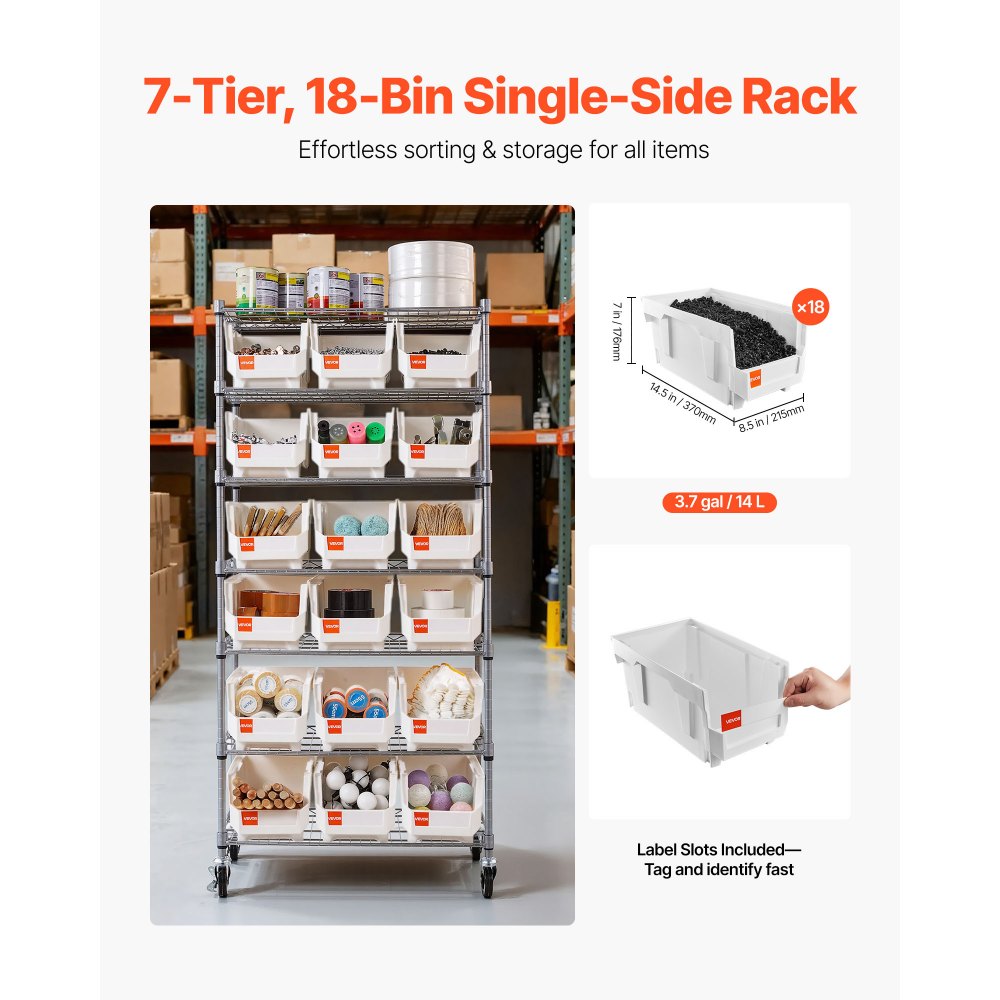 VEVOR 7-Tier Rolling Bin Storage Rack, 18 Organizer Bins, Bin Rack Storage Steel Wire Shelving System with Wheels, Mobile Tool Organizer for Garage, Warehouse, Office, Restaurant, Classroom, Kitchen