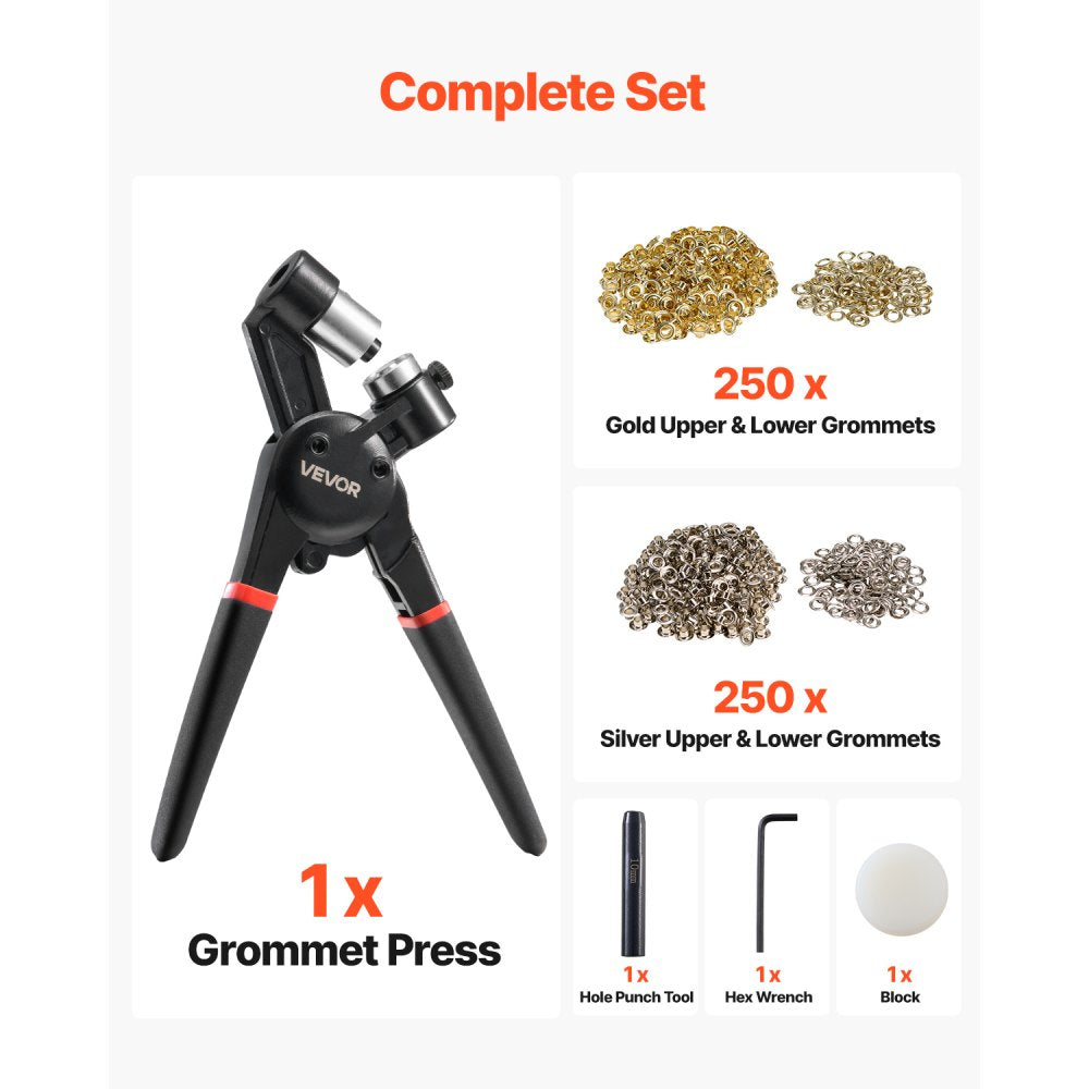 VEVOR Grommet Tool Kit, 500 PCS 3/8 Inch Metal Eyelets Grommets in Gold and Silver, Eyelet Kit with Manual Grommet Press Pliers, Hole Punch, and Block, for Leather Tarp Shoes Crafts Fabric Belt