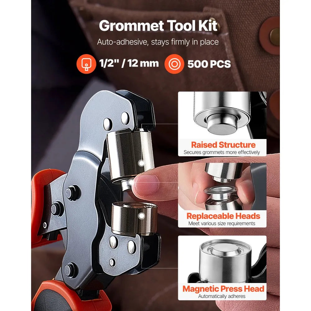 VEVOR Grommet Tool Kit 1/2" Eyelet Tool Kit with 500 PCS Silver Grommets, with Eyelets and Washers, Manual Grommet Press Pliers, Hole Punch, and Block, for Leather, Tarps, Shoes, Crafts, and Fabric