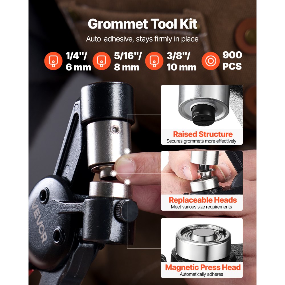 VEVOR Grommet Tool Kit, 900 PCS 1/4 Inch 5/16 Inch 3/8 Inch Multi Size Metal Eyelets Grommets, Eyelet Kit with Manual Grommet Press Pliers, Hole Punch, and Block, for Leather Tarp Shoes Crafts Fabric