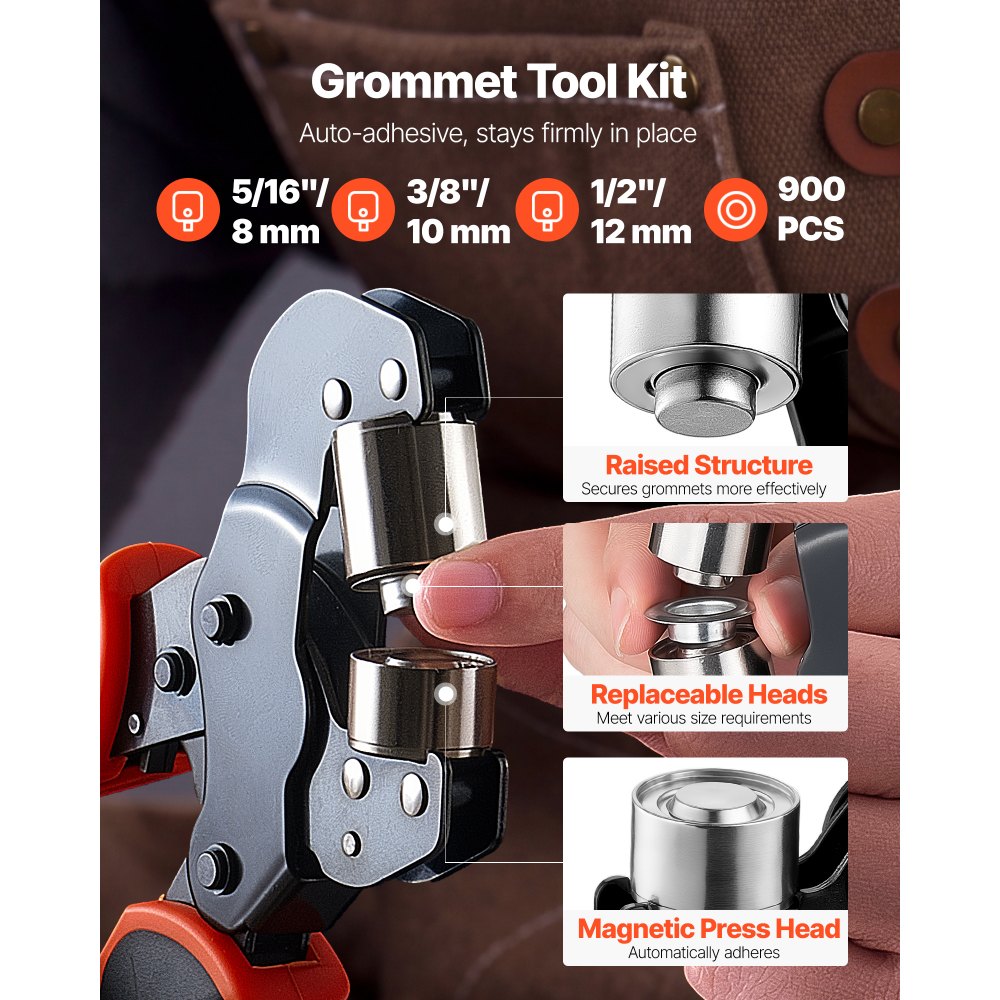 VEVOR Grommet Tool Kit 5/16" 3/8" 1/2" 900 PCS Grommets Eyelet Tool Kit, with Eyelets and Washers, Manual Grommet Press Pliers, Hole Punch Tools, Blocks, for Leather, Tarps, Shoes, Crafts, Fabric