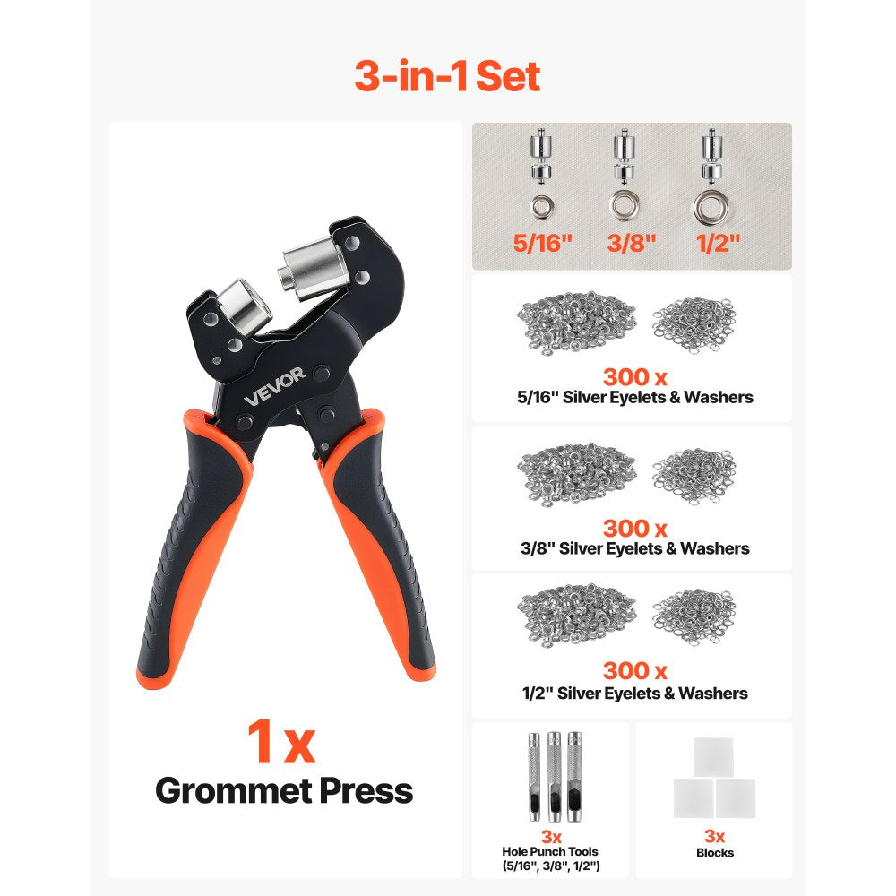 VEVOR Grommet Tool Kit 5/16" 3/8" 1/2" 900 PCS Grommets Eyelet Tool Kit, with Eyelets and Washers, Manual Grommet Press Pliers, Hole Punch Tools, Blocks, for Leather, Tarps, Shoes, Crafts, Fabric