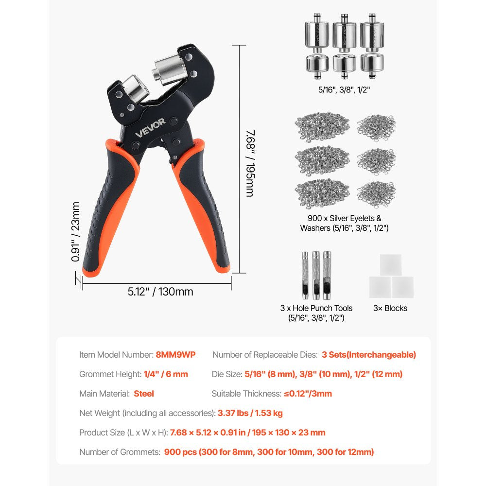 VEVOR Grommet Tool Kit 5/16" 3/8" 1/2" 900 PCS Grommets Eyelet Tool Kit, with Eyelets and Washers, Manual Grommet Press Pliers, Hole Punch Tools, Blocks, for Leather, Tarps, Shoes, Crafts, Fabric