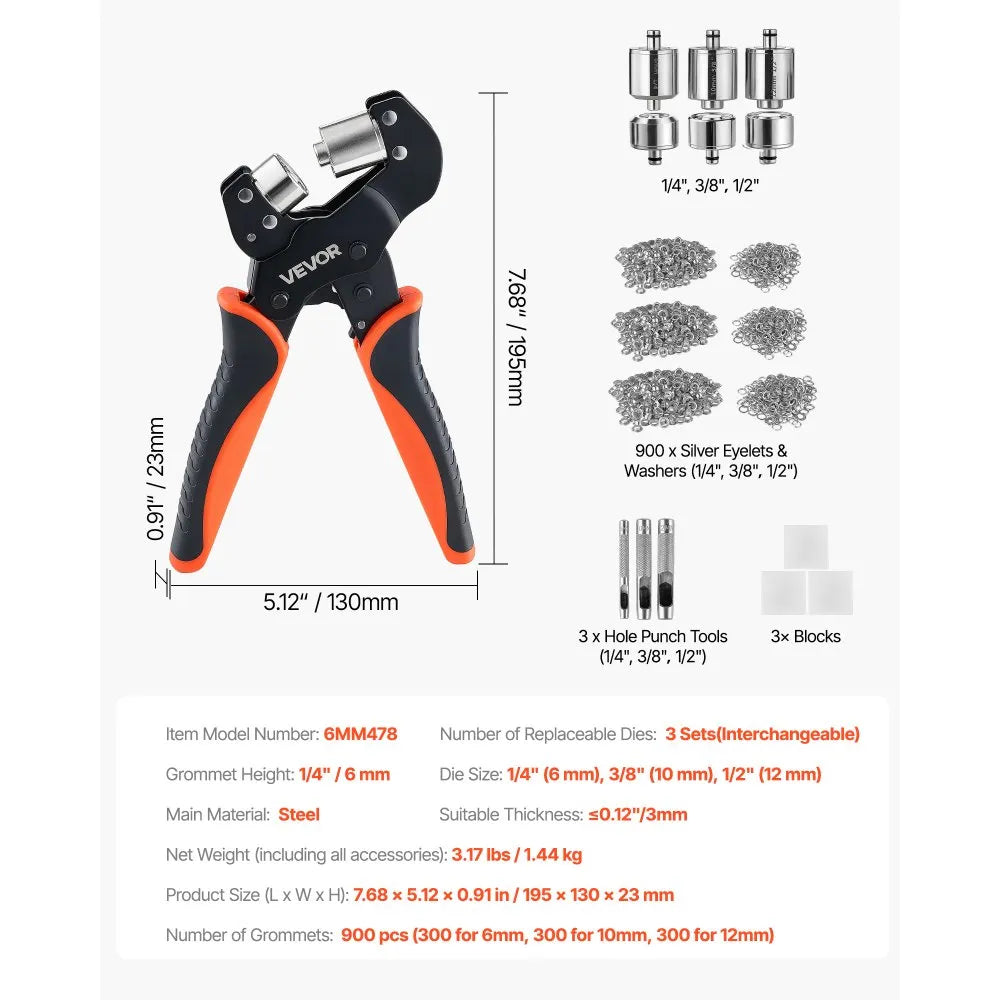 VEVOR Grommet Tool Kit 1/4" 3/8" 1/2" 900 PCS Grommets Eyelet Tool Kit, with Eyelets and Washers, Manual Grommet Press Pliers, Hole Punch Tools, Blocks, for Leather, Tarps, Shoes, Crafts, Fabric