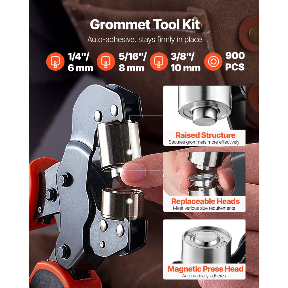 VEVOR Grommet Tool Kit 1/4" 5/16" 3/8" 900 PCS Grommets Eyelet Tool Kit, with Eyelets and Washers, Manual Grommet Press Pliers, Hole Punch Tools, Blocks, for Leather, Tarps, Shoes, Crafts, Fabric