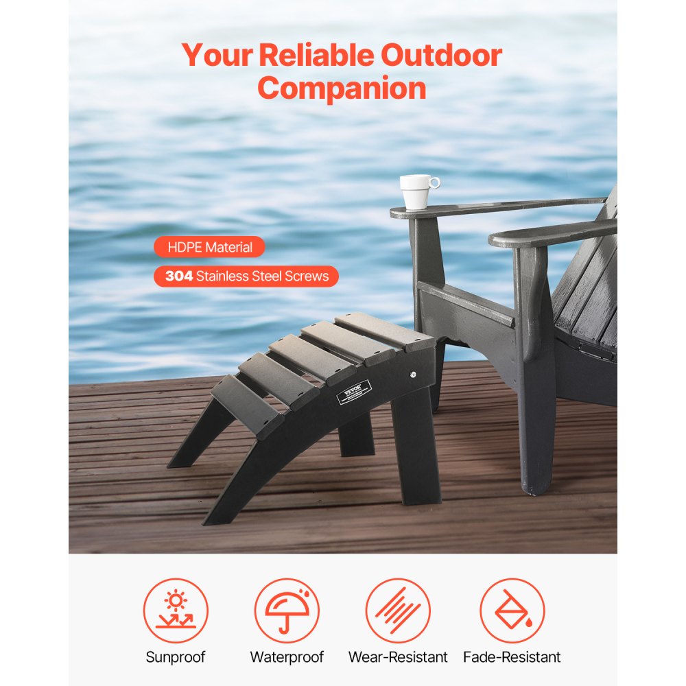 VEVOR Adirondack Ottoman, 18.7L x 19.7W x 13H Inch HDPE Plastic Folding Adirondack Ottoman, Weather-Resistant Foot Rest for Adirondack Chair, Widely Used for Outside Porch Pool Lawn Backyard, Black